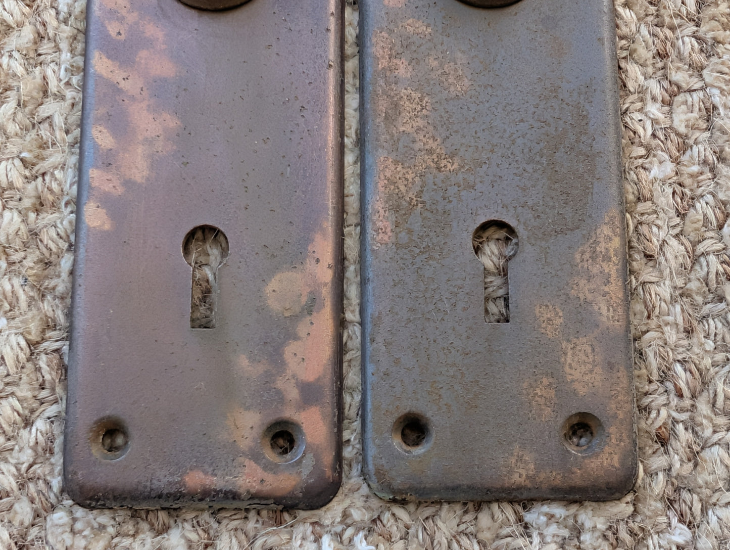 Pair Of Antique 1 7/8" x 5 3/4" Steel Door Knob Plate Hardware #345