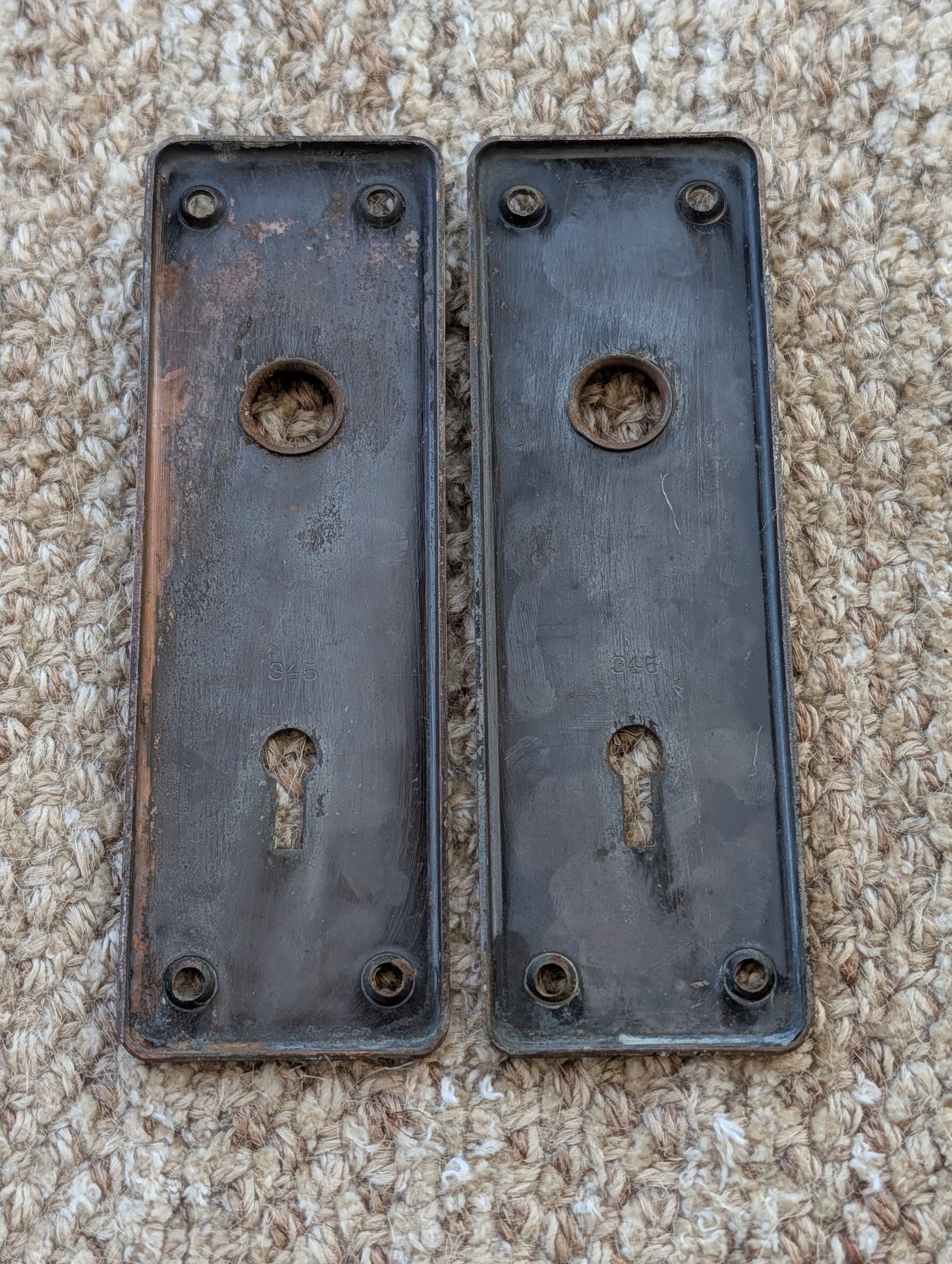 Pair Of Antique 1 7/8" x 5 3/4" Steel Door Knob Plate Hardware #345