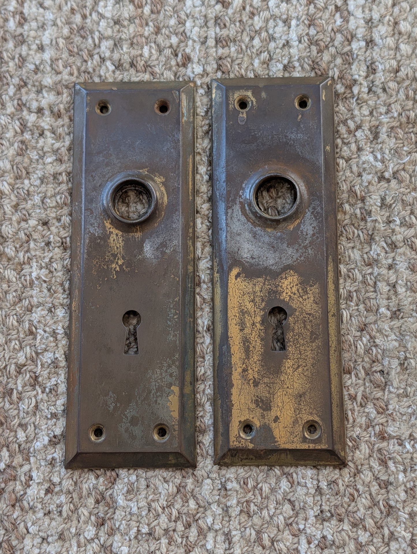 Pair Of Antique 2 1/4" x 7" Steel Door Knob Plate Hardware