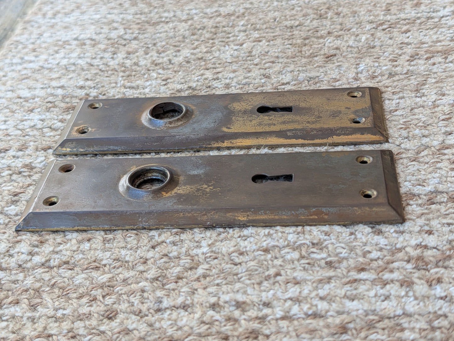Pair Of Antique 2 1/4" x 7" Steel Door Knob Plate Hardware