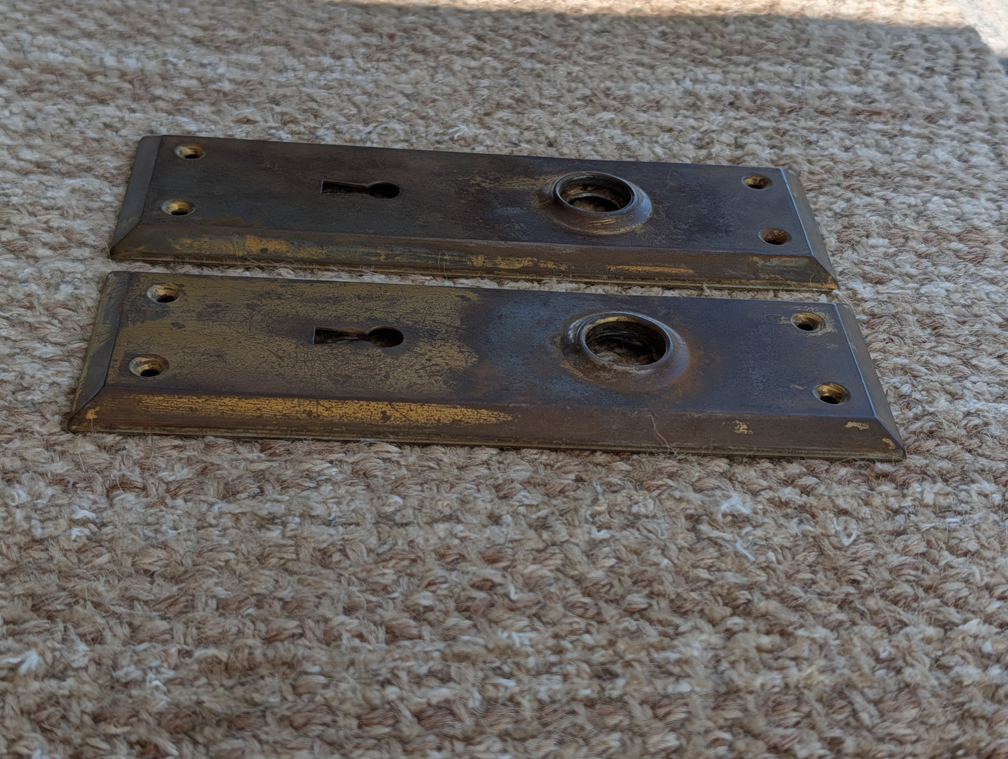 Pair Of Antique 2 1/4" x 7" Steel Door Knob Plate Hardware