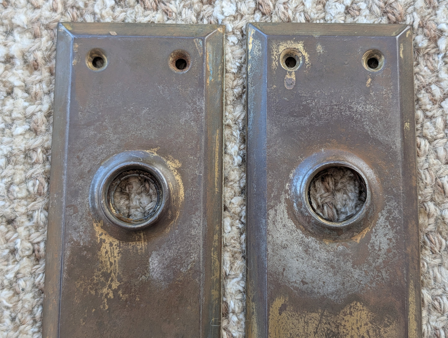 Pair Of Antique 2 1/4" x 7" Steel Door Knob Plate Hardware