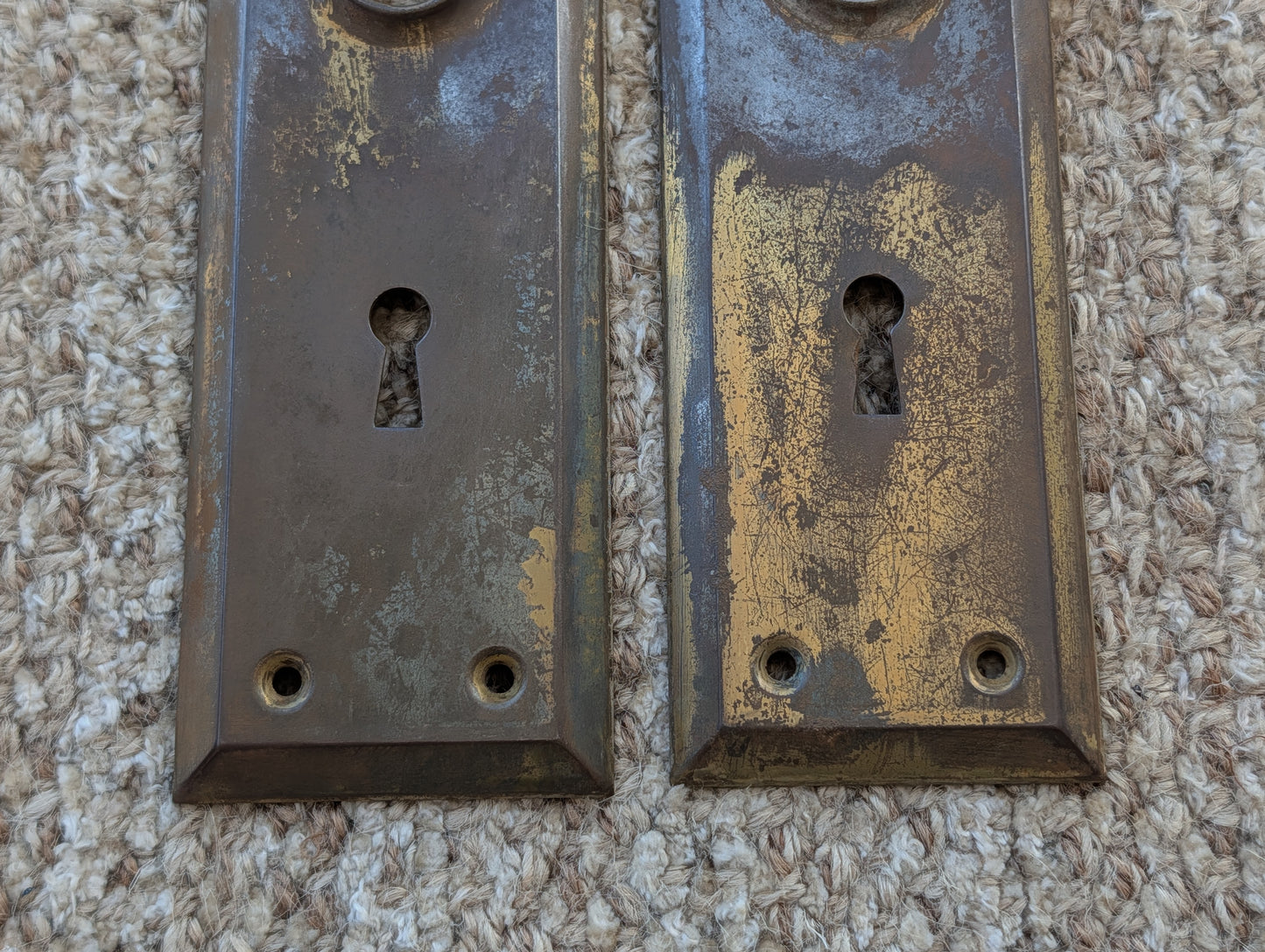 Pair Of Antique 2 1/4" x 7" Steel Door Knob Plate Hardware