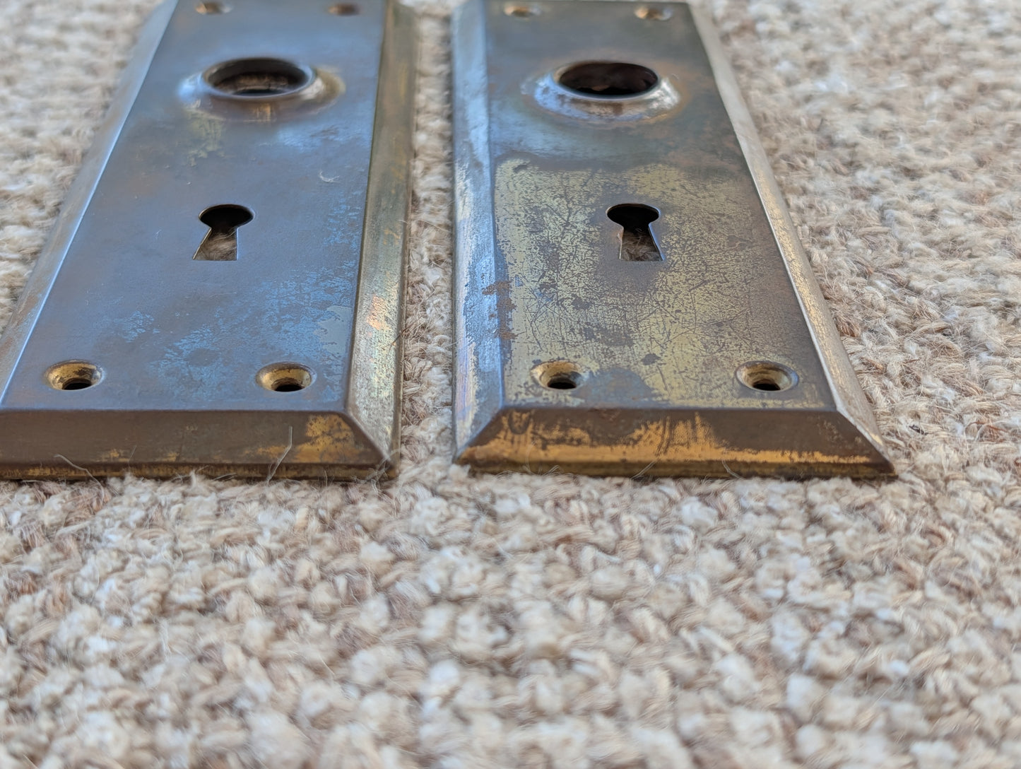 Pair Of Antique 2 1/4" x 7" Steel Door Knob Plate Hardware