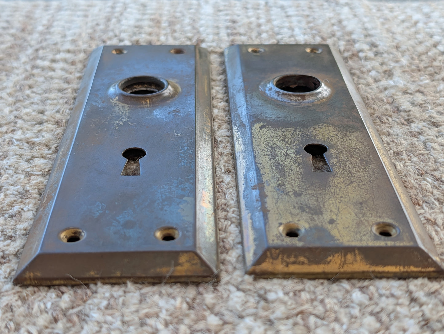 Pair Of Antique 2 1/4" x 7" Steel Door Knob Plate Hardware