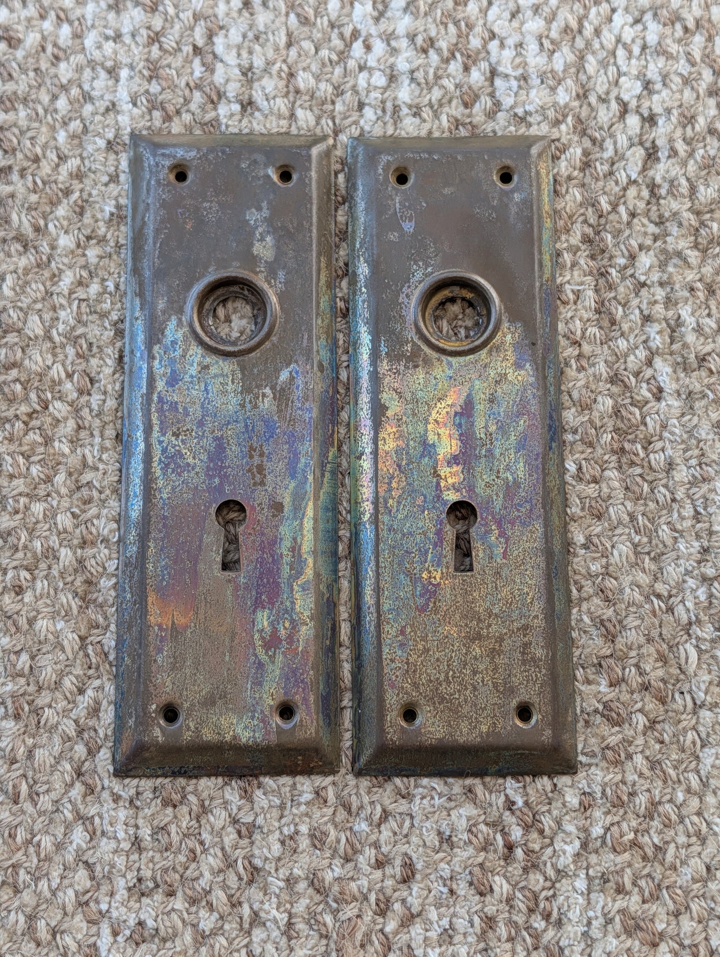 Pair Of Antique 2 1/4" x 7" Steel Door Knob Plate Hardware