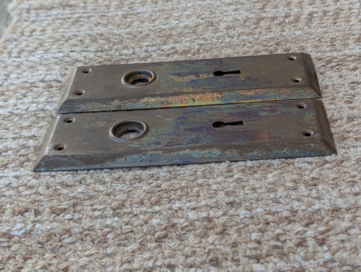 Pair Of Antique 2 1/4" x 7" Steel Door Knob Plate Hardware