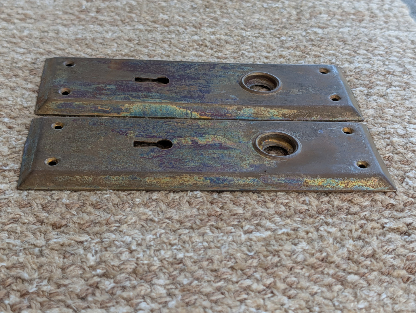 Pair Of Antique 2 1/4" x 7" Steel Door Knob Plate Hardware