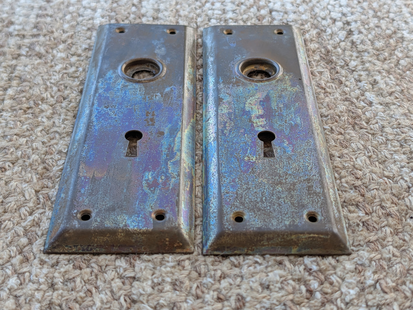 Pair Of Antique 2 1/4" x 7" Steel Door Knob Plate Hardware