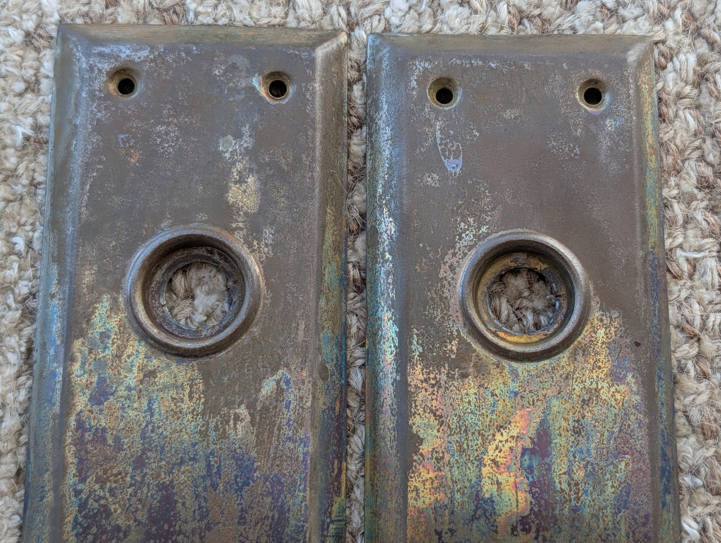 Pair Of Antique 2 1/4" x 7" Steel Door Knob Plate Hardware