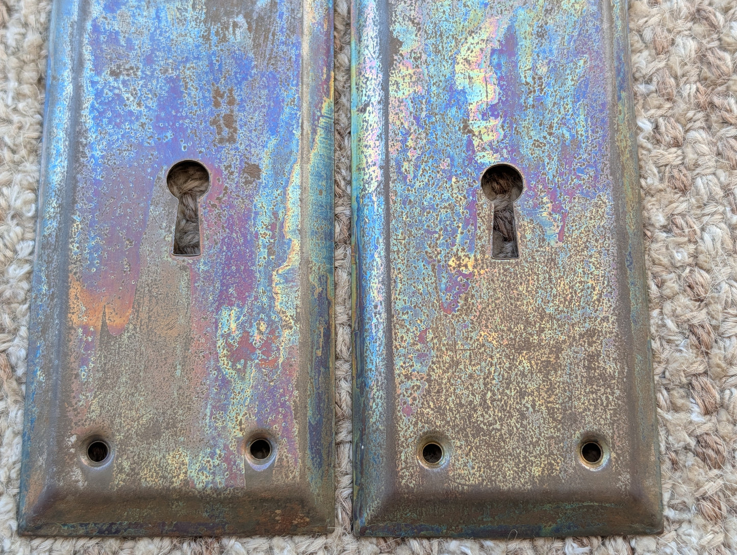 Pair Of Antique 2 1/4" x 7" Steel Door Knob Plate Hardware