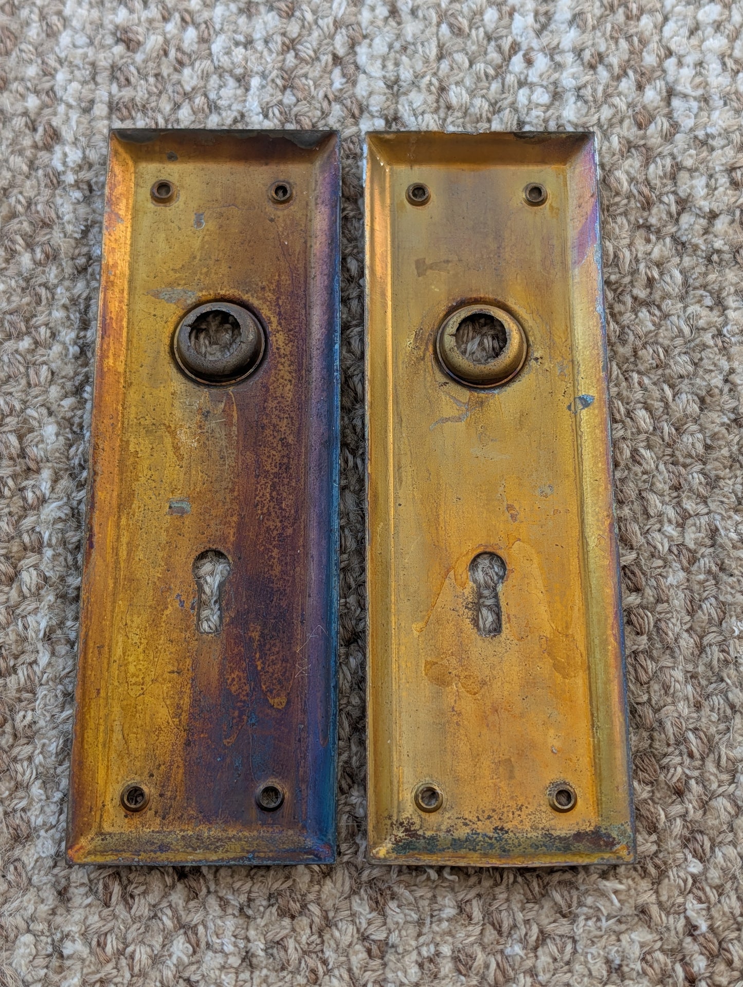 Pair Of Antique 2 1/4" x 7" Steel Door Knob Plate Hardware