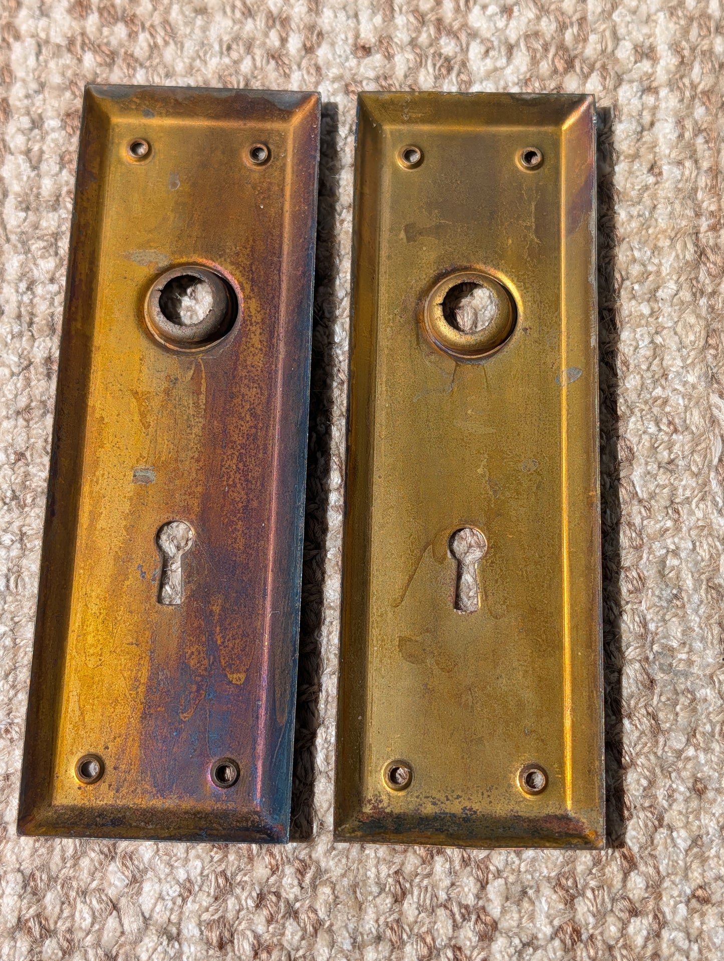 Pair Of Antique 2 1/4" x 7" Steel Door Knob Plate Hardware