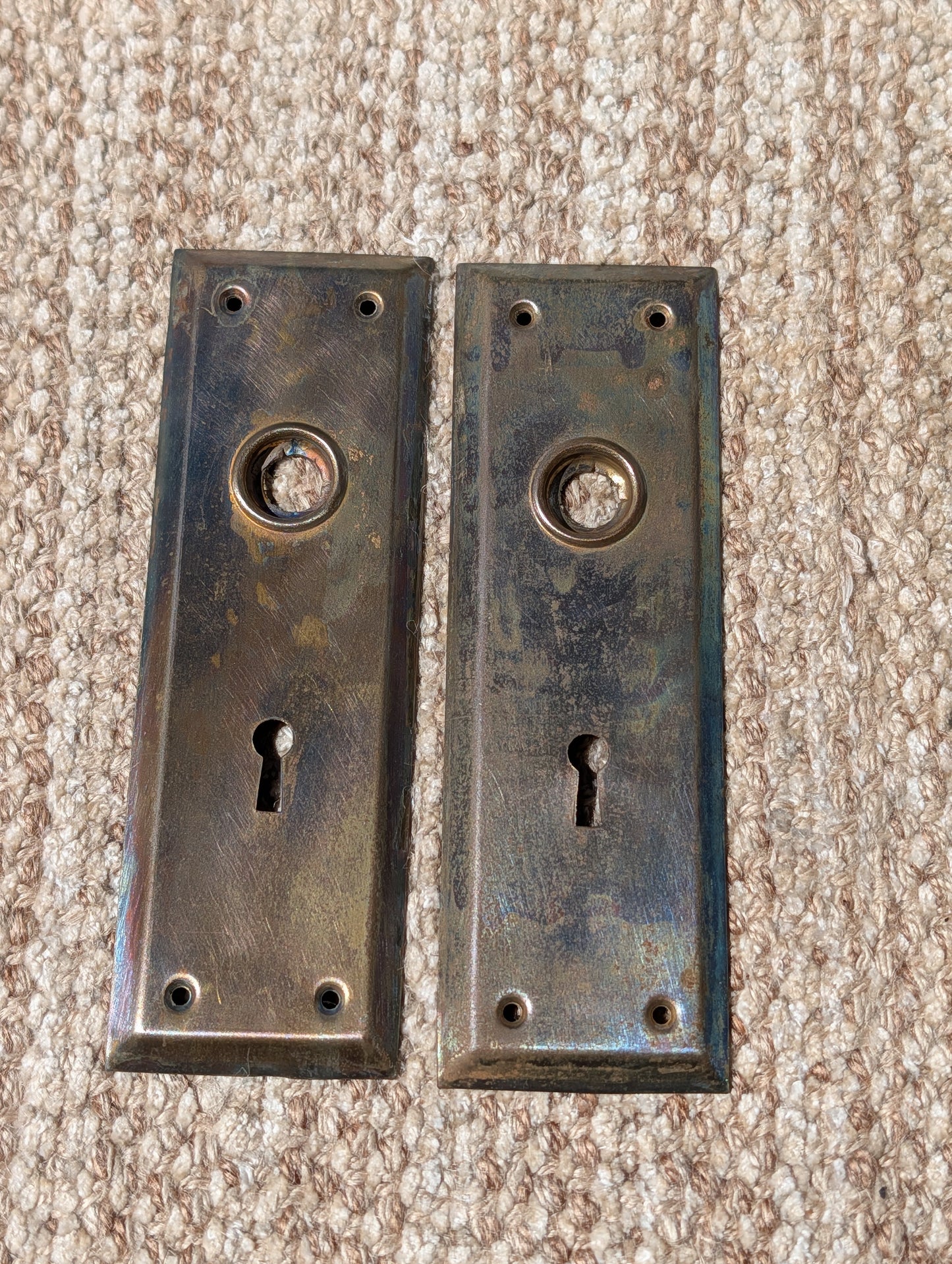 Pair Of Antique 2 1/4" x 7" Steel Door Knob Plate Hardware