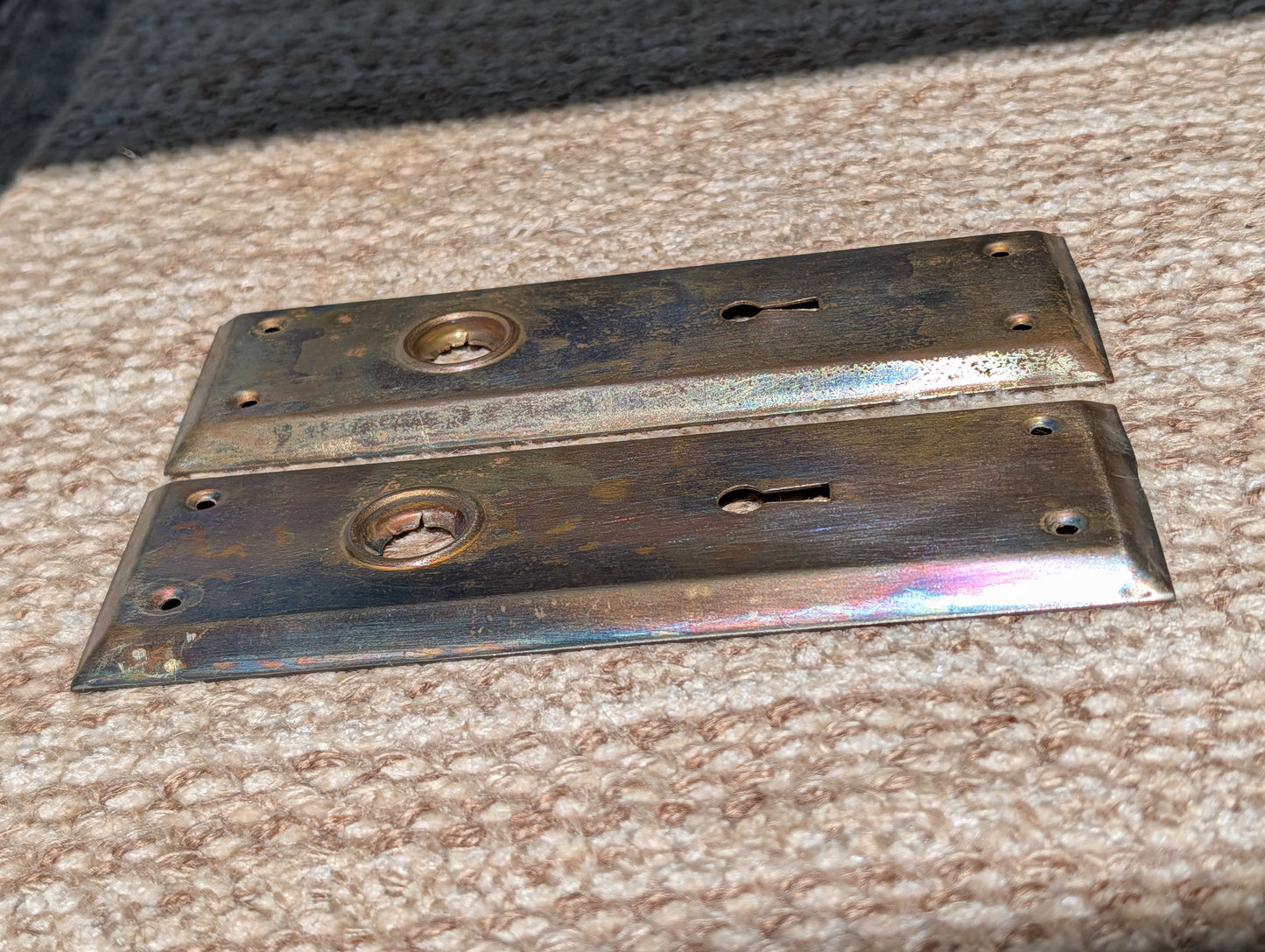 Pair Of Antique 2 1/4" x 7" Steel Door Knob Plate Hardware