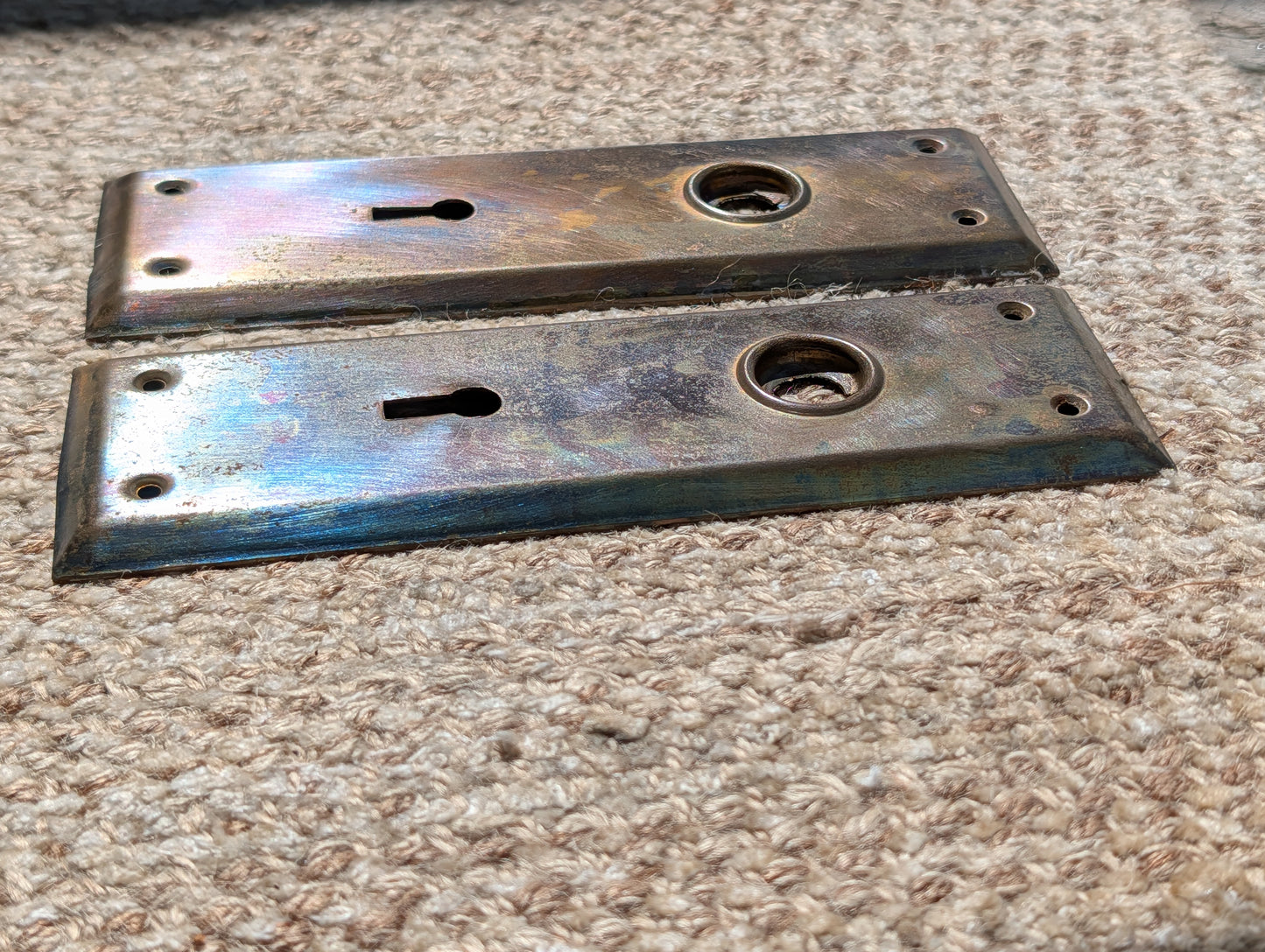 Pair Of Antique 2 1/4" x 7" Steel Door Knob Plate Hardware
