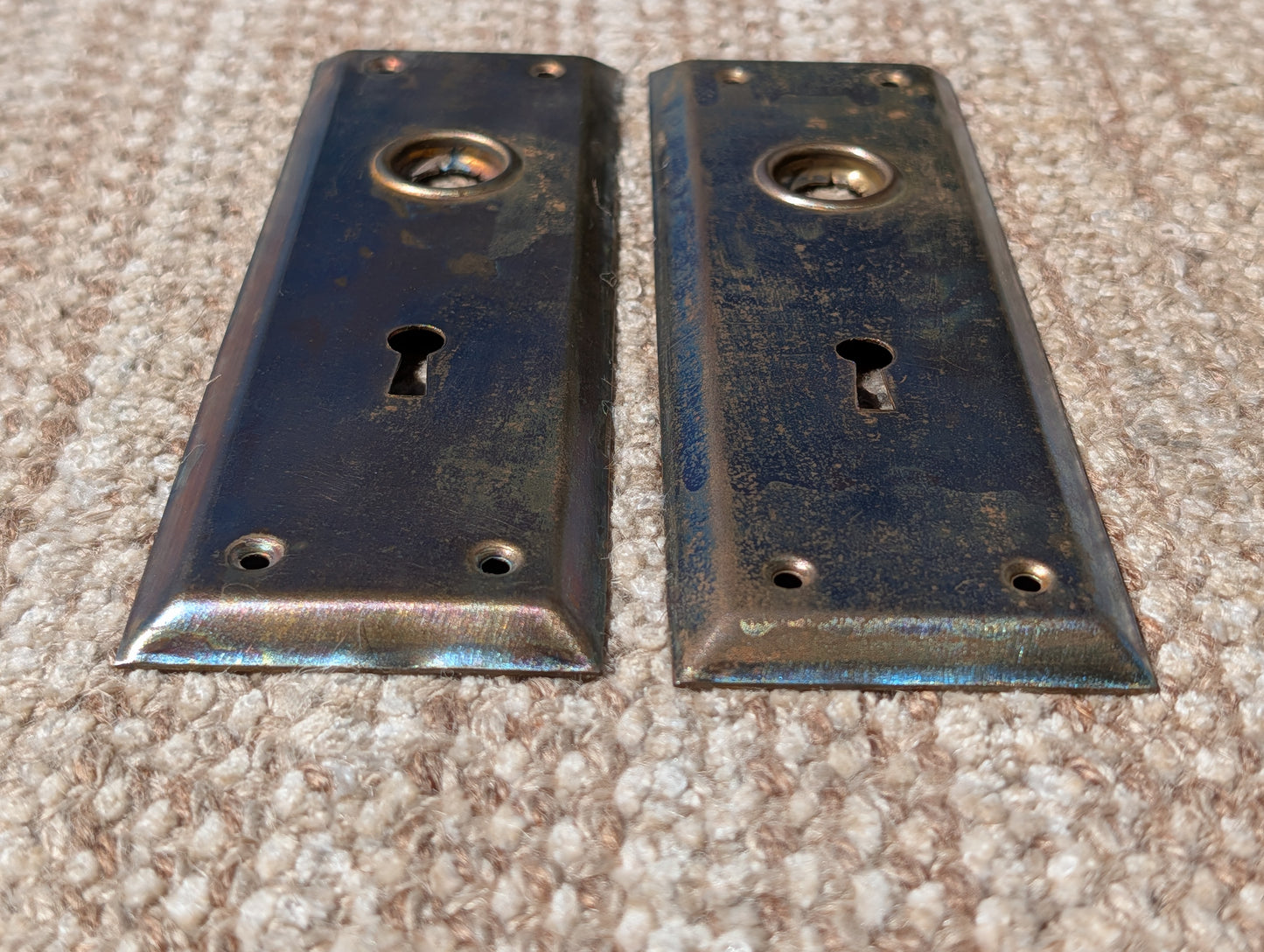Pair Of Antique 2 1/4" x 7" Steel Door Knob Plate Hardware