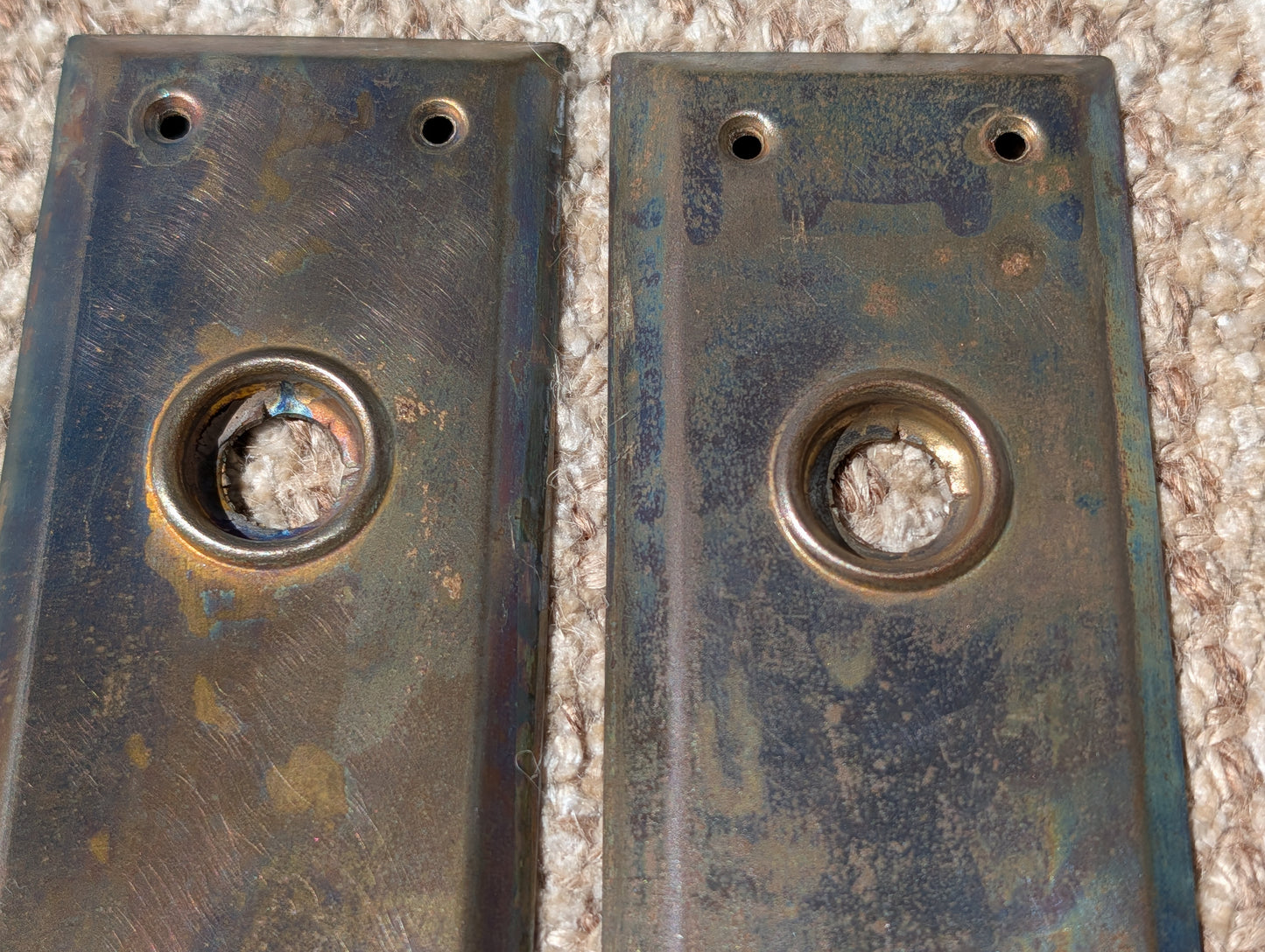 Pair Of Antique 2 1/4" x 7" Steel Door Knob Plate Hardware