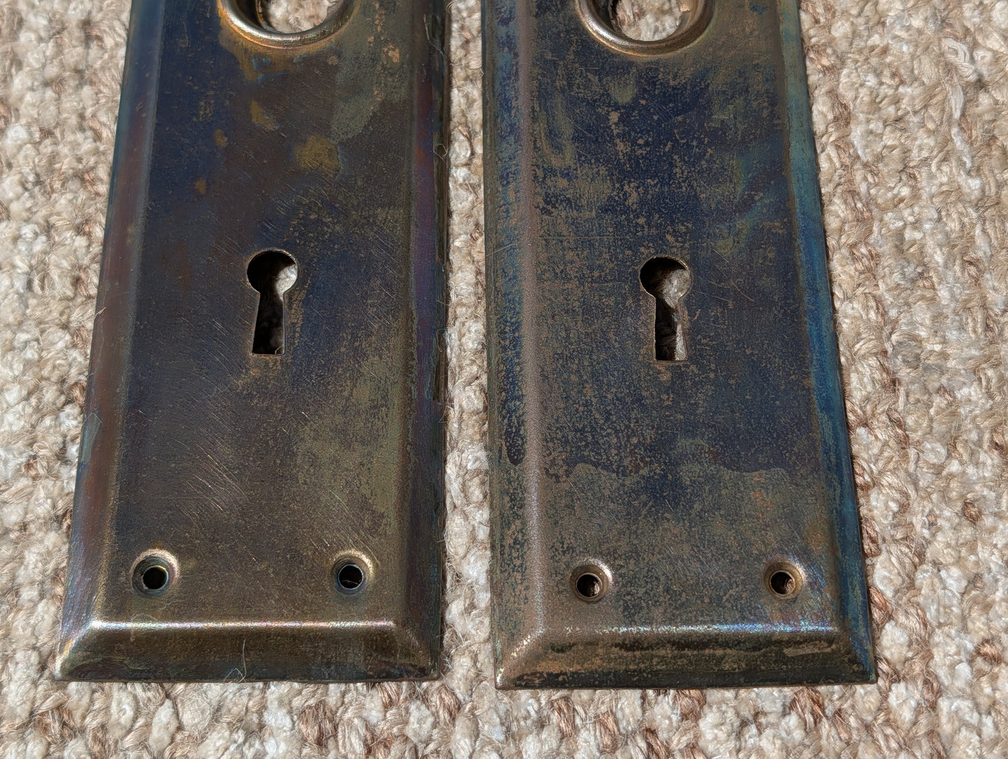 Pair Of Antique 2 1/4" x 7" Steel Door Knob Plate Hardware