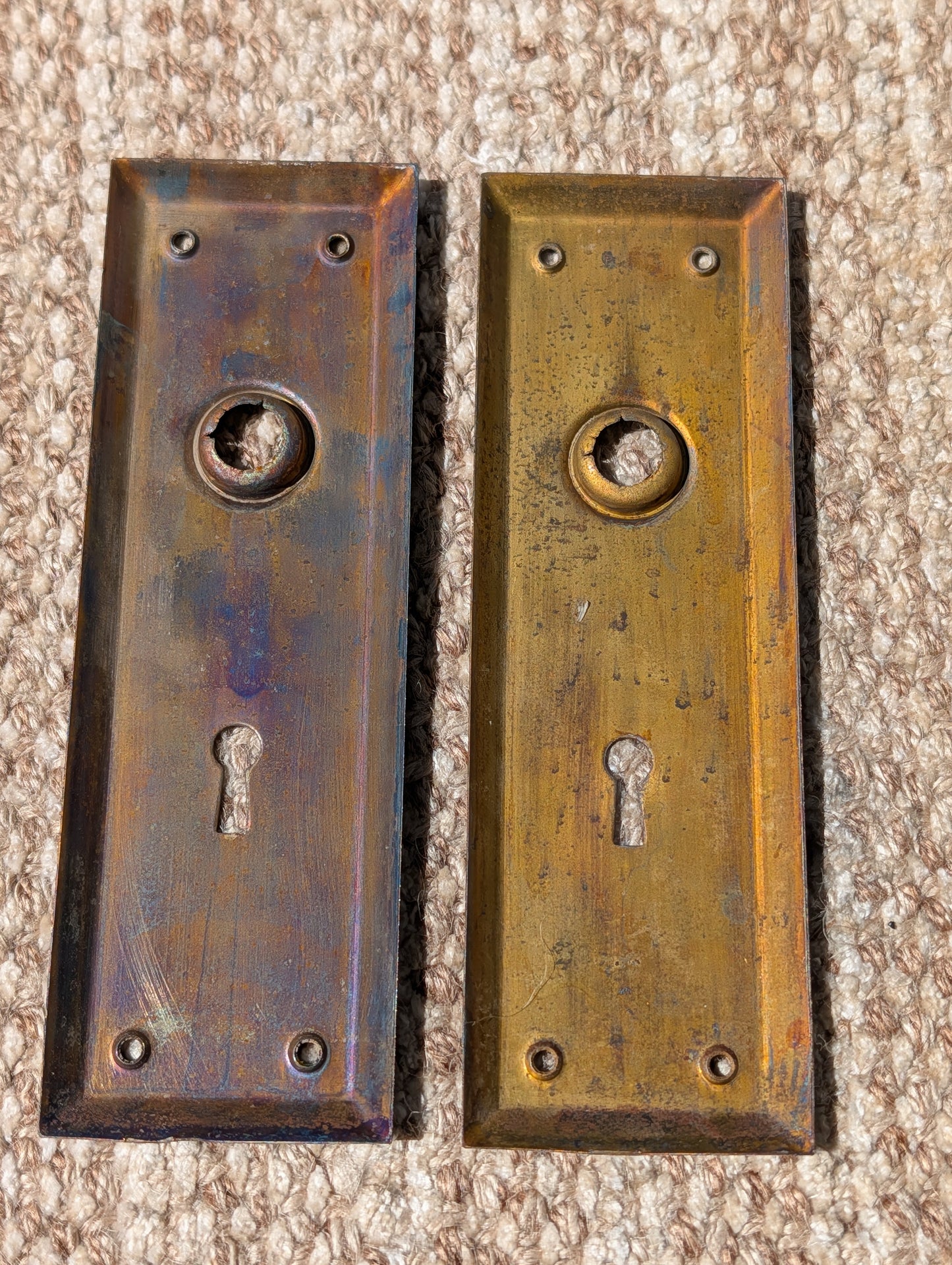Pair Of Antique 2 1/4" x 7" Steel Door Knob Plate Hardware
