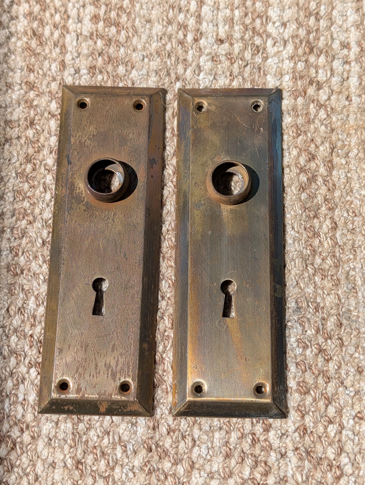 Pair Of Antique 2 1/4" x 7" Steel Door Knob Plate Hardware