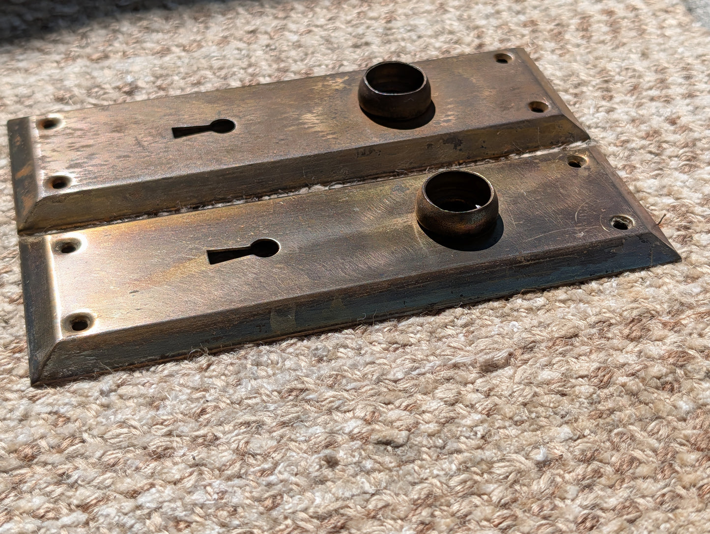 Pair Of Antique 2 1/4" x 7" Steel Door Knob Plate Hardware