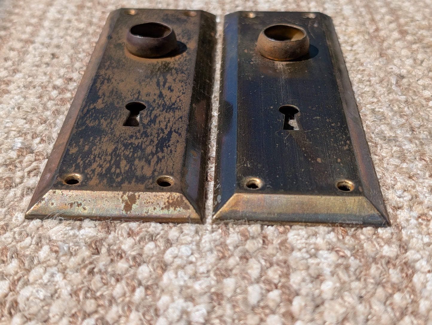 Pair Of Antique 2 1/4" x 7" Steel Door Knob Plate Hardware