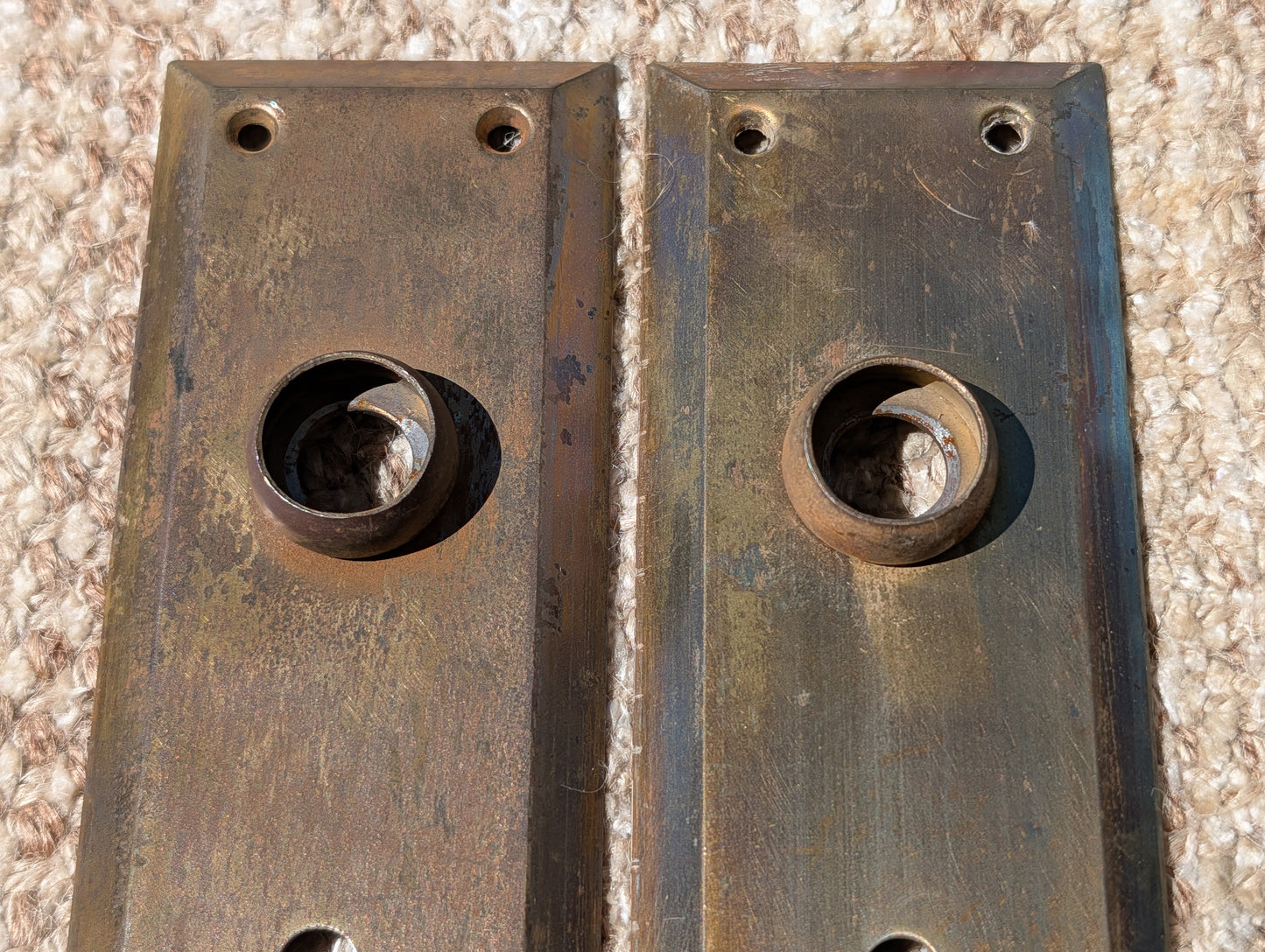 Pair Of Antique 2 1/4" x 7" Steel Door Knob Plate Hardware