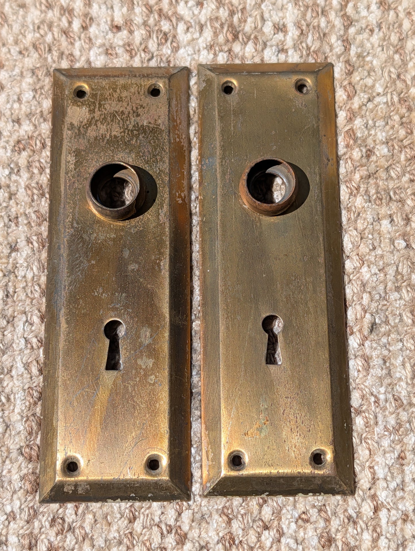 Pair Of Antique 2 1/4" x 7" Steel Door Knob Plate Hardware