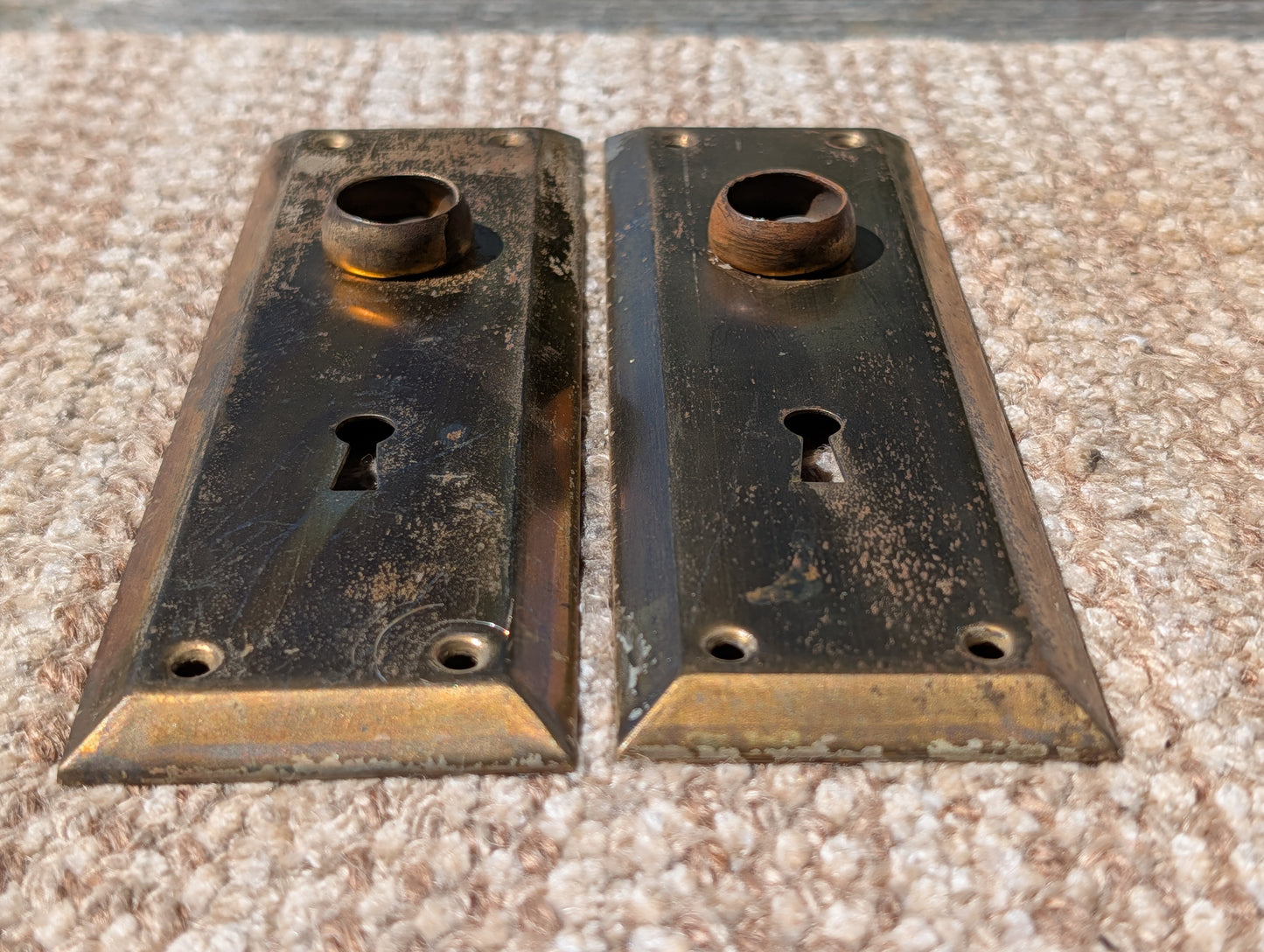 Pair Of Antique 2 1/4" x 7" Steel Door Knob Plate Hardware