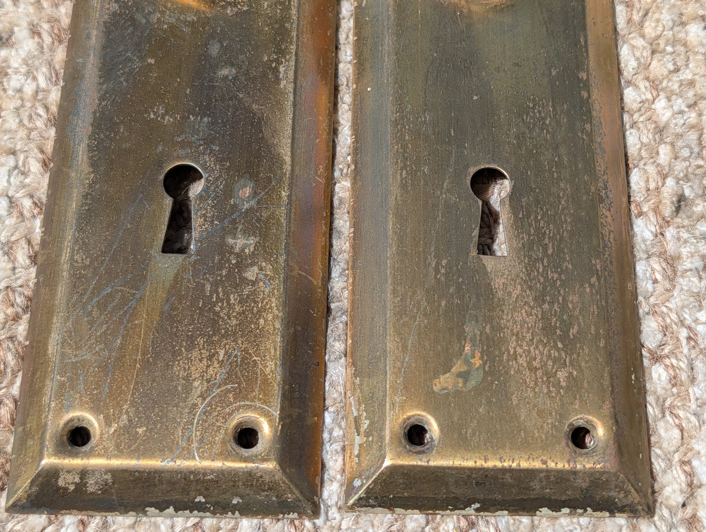 Pair Of Antique 2 1/4" x 7" Steel Door Knob Plate Hardware