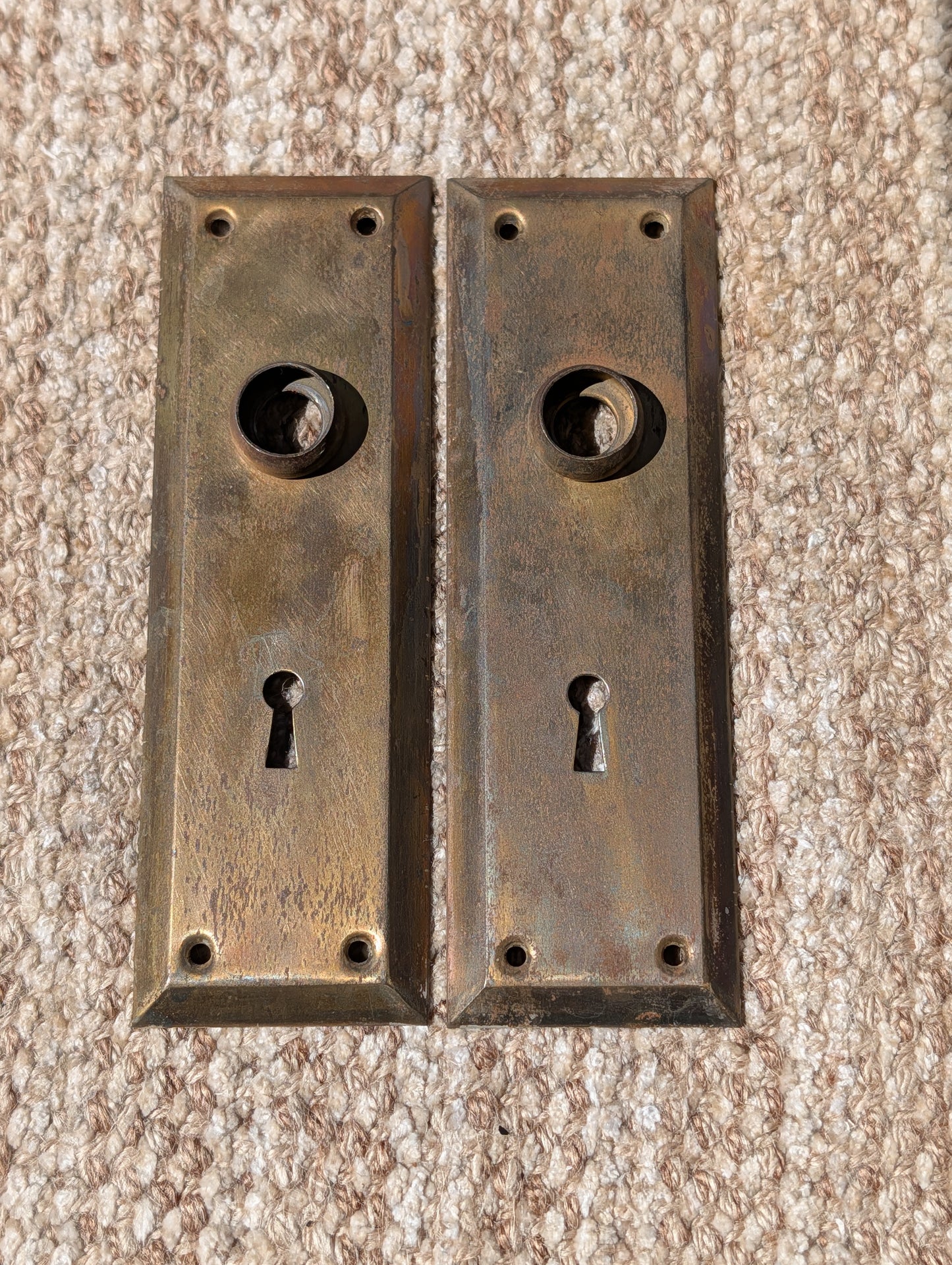 Pair Of Antique 2 1/4" x 7" Steel Door Knob Plate Hardware