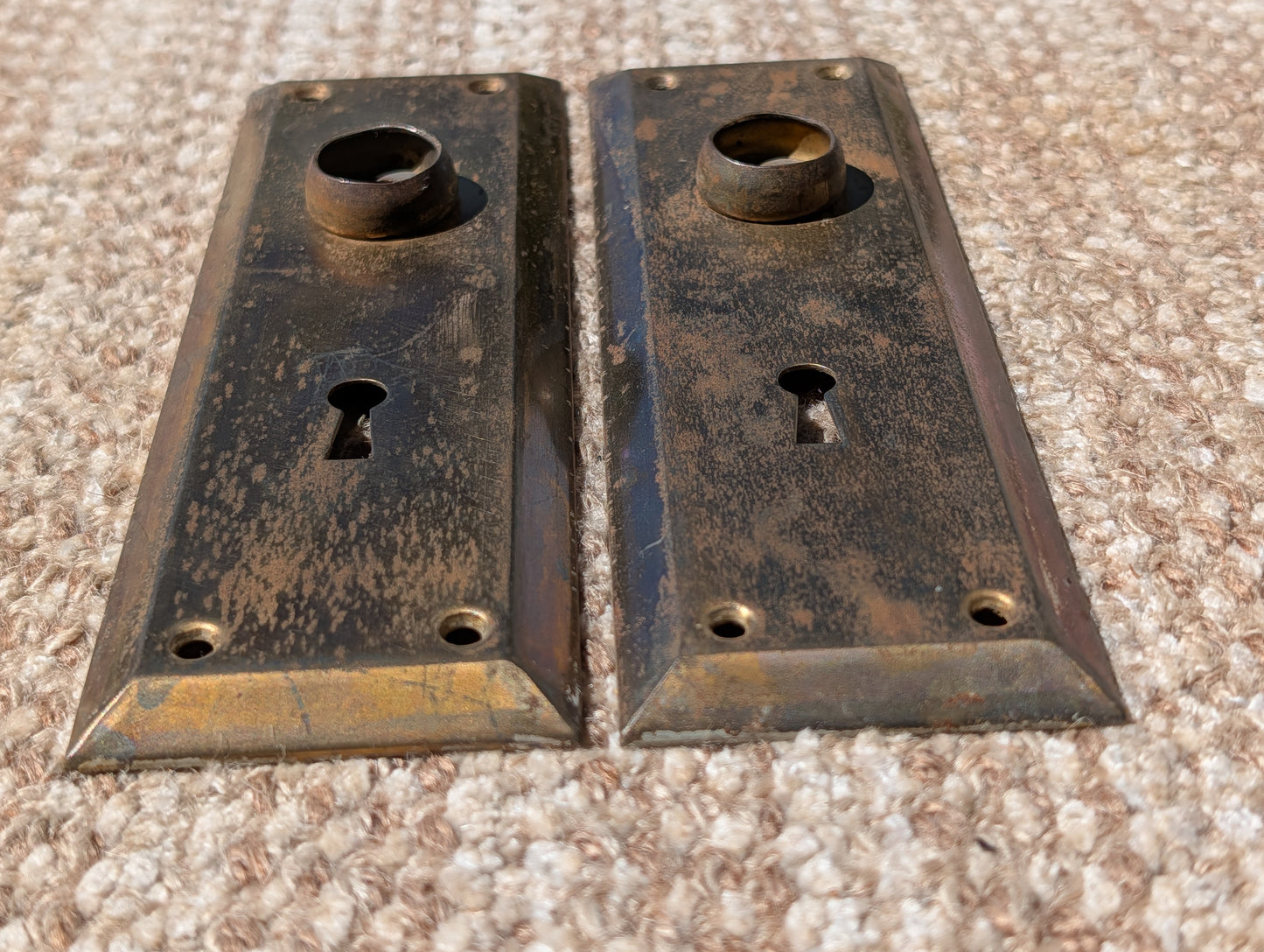 Pair Of Antique 2 1/4" x 7" Steel Door Knob Plate Hardware