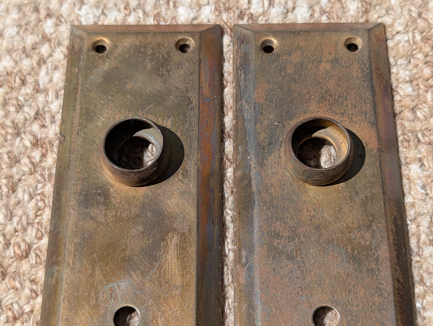 Pair Of Antique 2 1/4" x 7" Steel Door Knob Plate Hardware