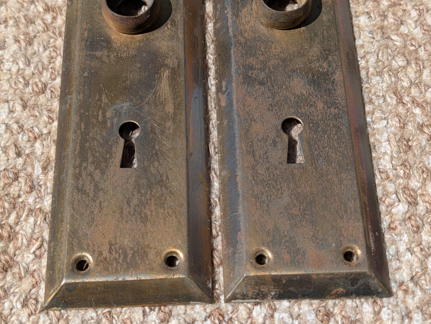 Pair Of Antique 2 1/4" x 7" Steel Door Knob Plate Hardware