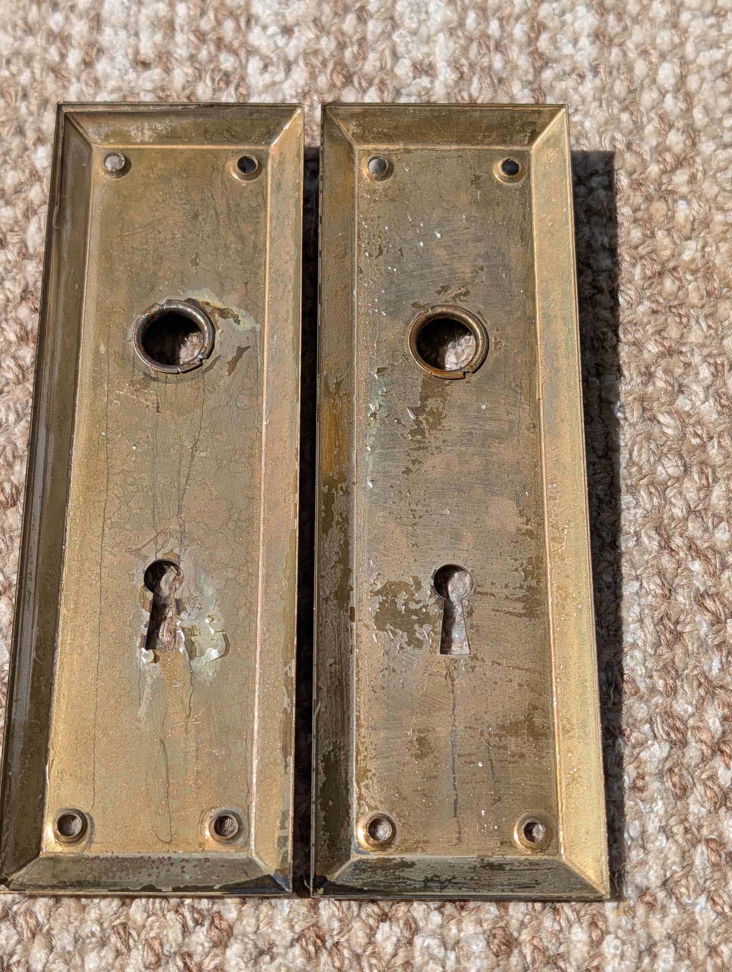 Pair Of Antique 2 1/4" x 7" Steel Door Knob Plate Hardware