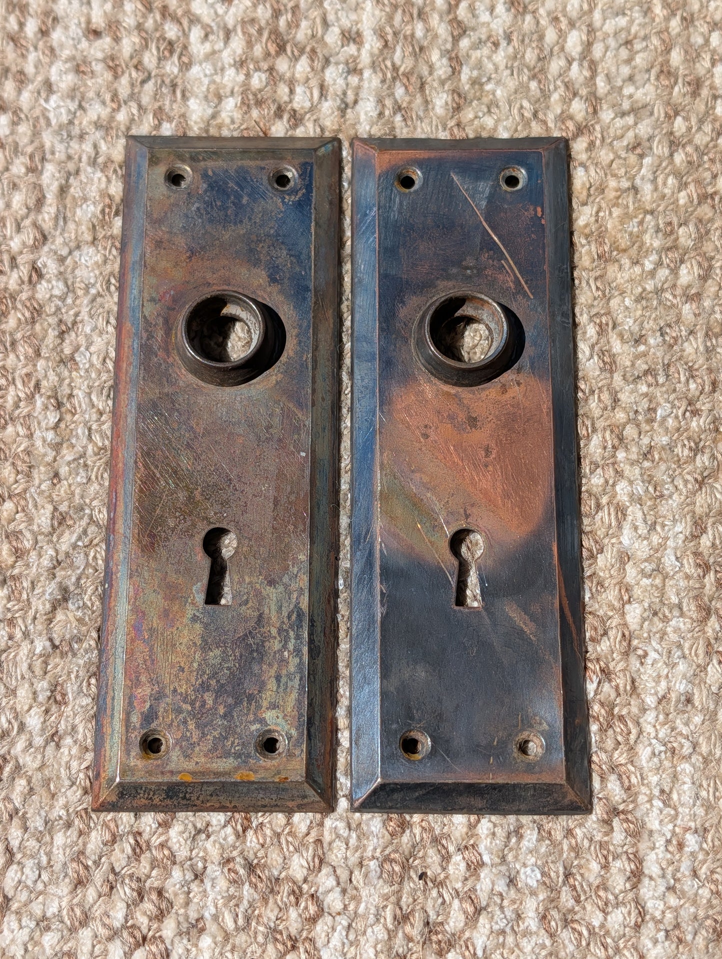 Pair Of Antique 2 1/4" x 7" Steel Door Knob Plate Hardware