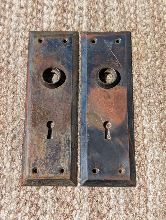 Pair Of Antique 2 1/4" x 7" Steel Door Knob Plate Hardware