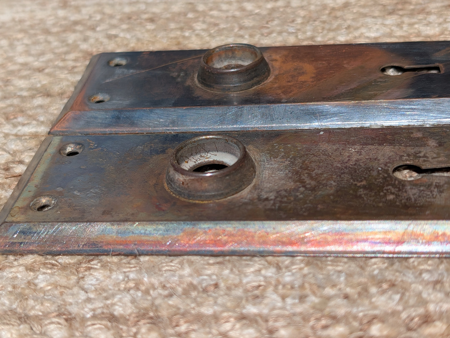 Pair Of Antique 2 1/4" x 7" Steel Door Knob Plate Hardware