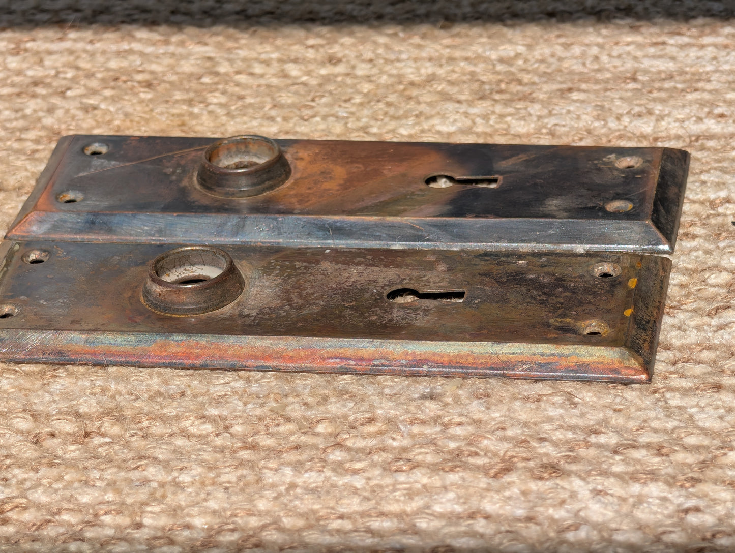 Pair Of Antique 2 1/4" x 7" Steel Door Knob Plate Hardware