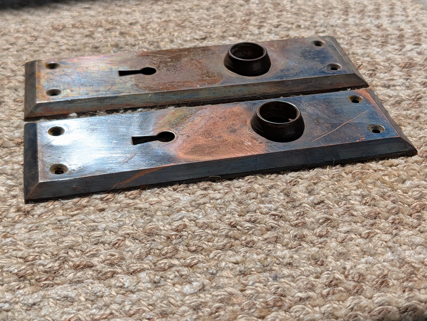 Pair Of Antique 2 1/4" x 7" Steel Door Knob Plate Hardware