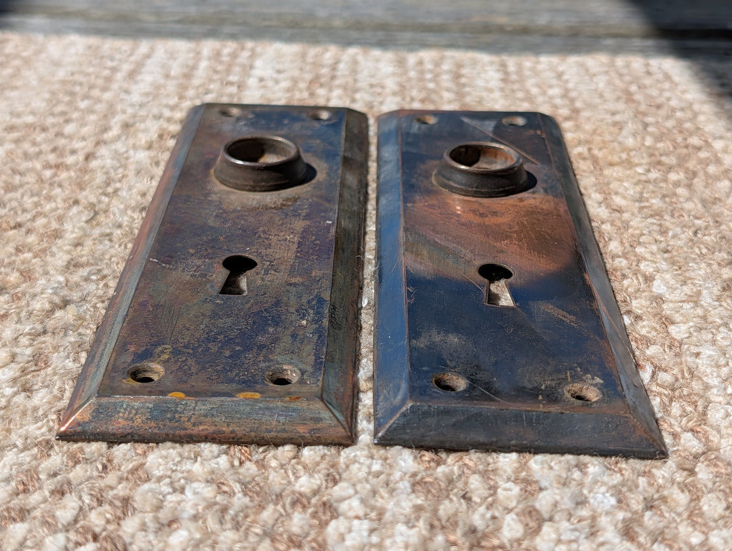 Pair Of Antique 2 1/4" x 7" Steel Door Knob Plate Hardware