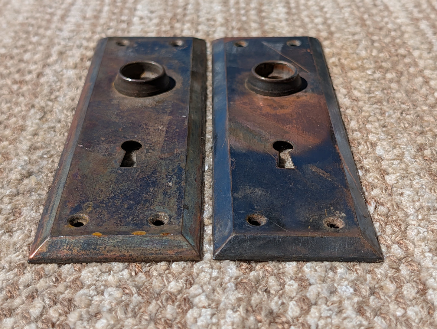 Pair Of Antique 2 1/4" x 7" Steel Door Knob Plate Hardware