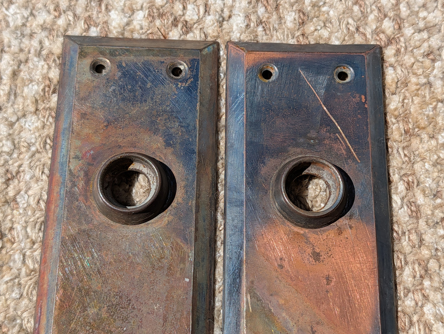 Pair Of Antique 2 1/4" x 7" Steel Door Knob Plate Hardware