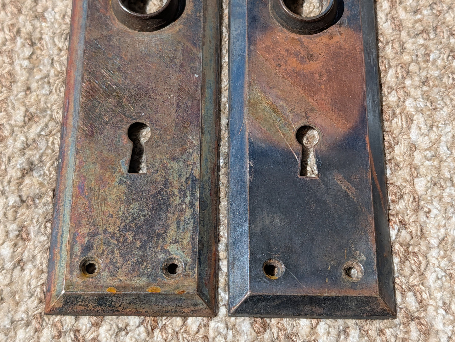 Pair Of Antique 2 1/4" x 7" Steel Door Knob Plate Hardware