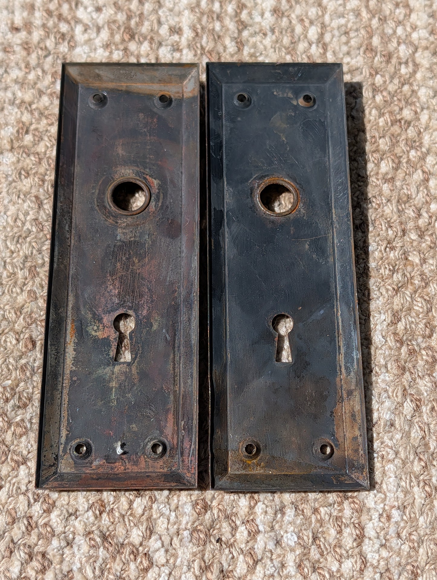 Pair Of Antique 2 1/4" x 7" Steel Door Knob Plate Hardware