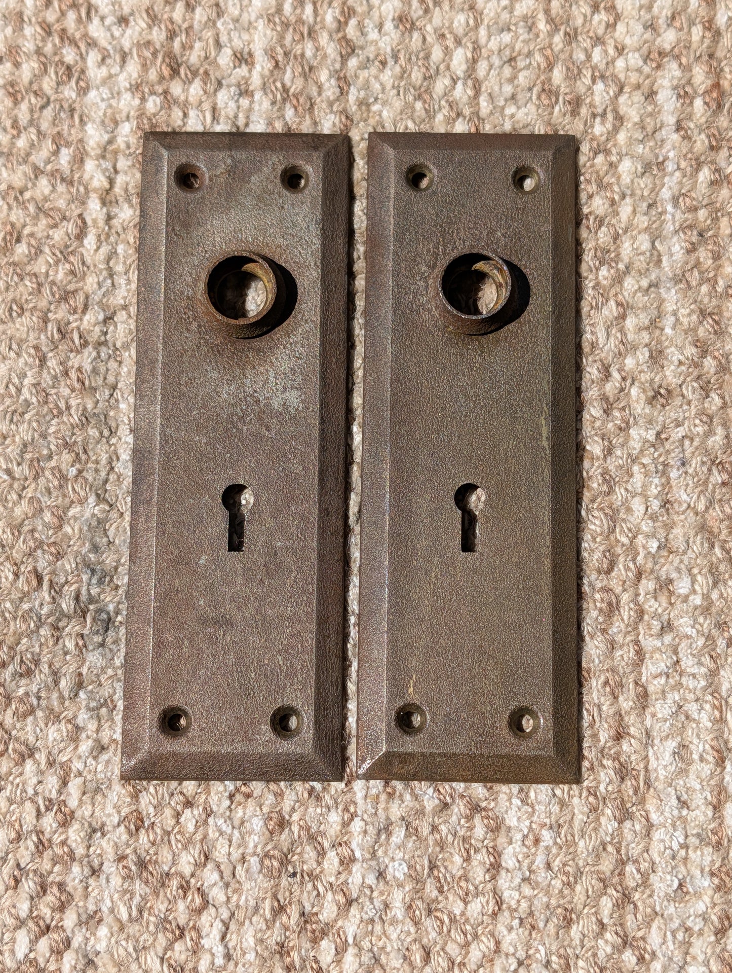 Pair Of Antique 2 1/4" x 7" Steel Door Knob Plate Hardware