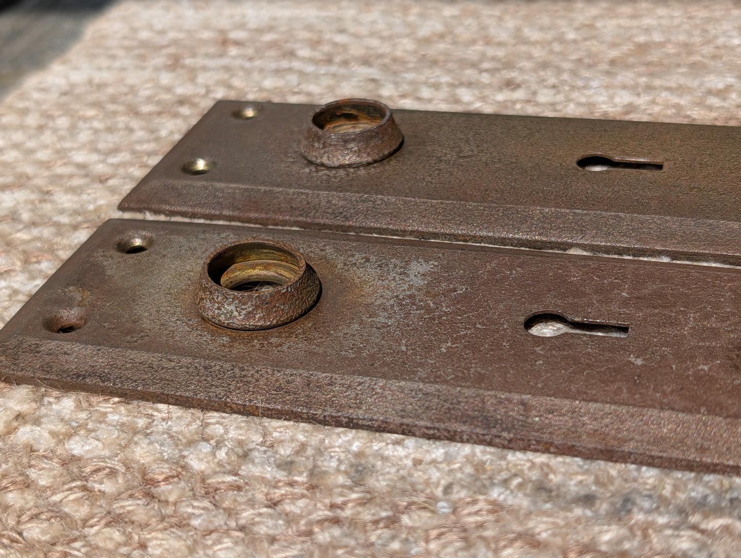 Pair Of Antique 2 1/4" x 7" Steel Door Knob Plate Hardware