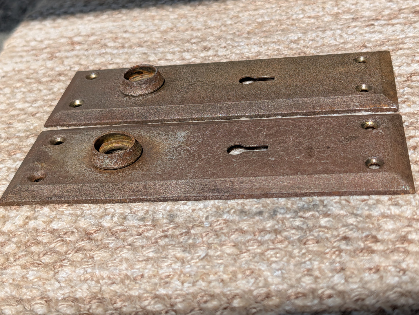 Pair Of Antique 2 1/4" x 7" Steel Door Knob Plate Hardware
