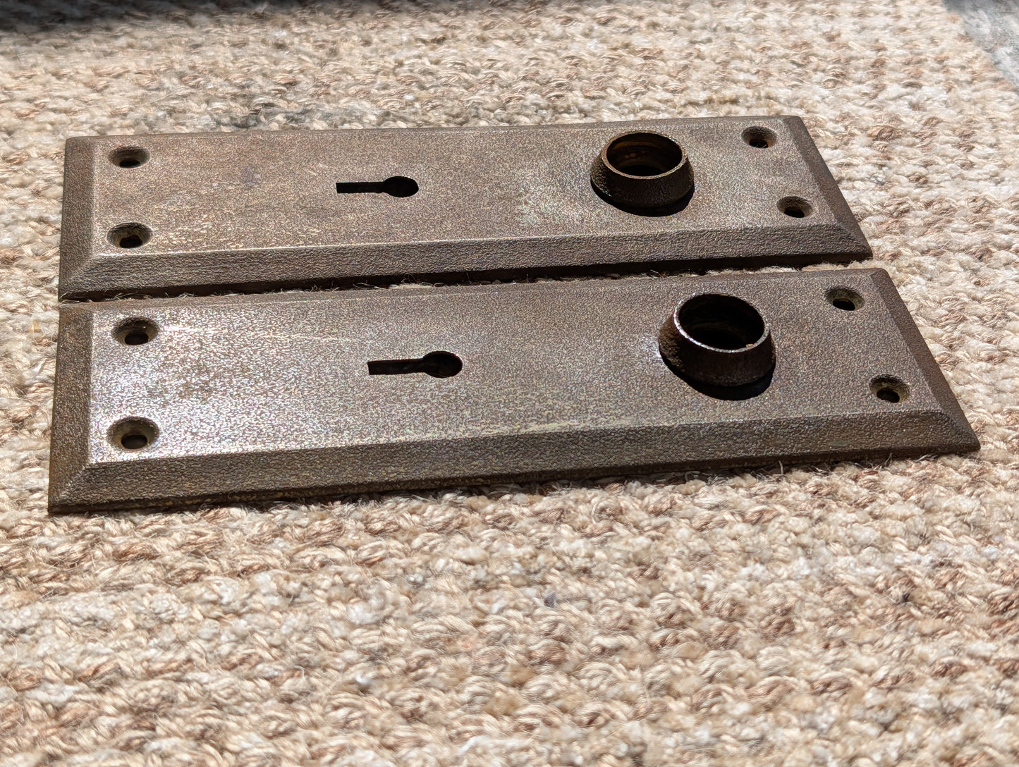 Pair Of Antique 2 1/4" x 7" Steel Door Knob Plate Hardware